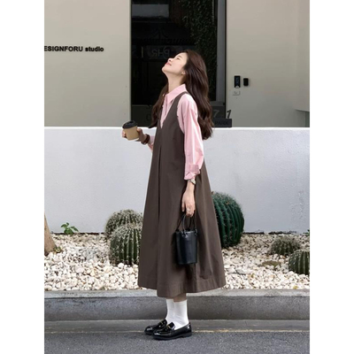 琥珀流光风日系棕色背心连衣裙