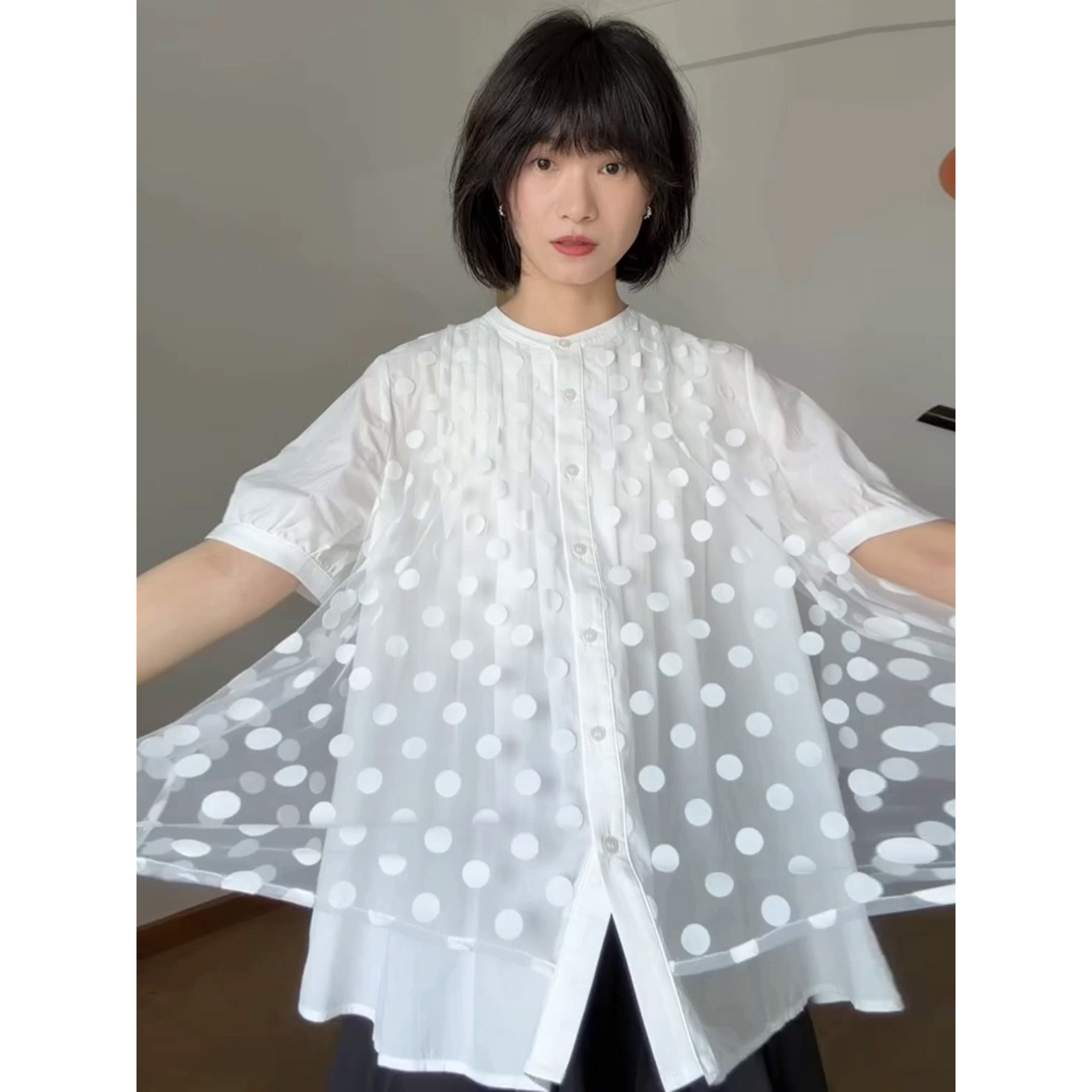 小众设计感白色网纱波点短袖衬衫女夏甜美日系文艺假两件宽松上衣