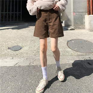 女加厚灯芯绒2022秋冬咖啡色直筒四分裤 短裤 高腰棕色工装 自制美式