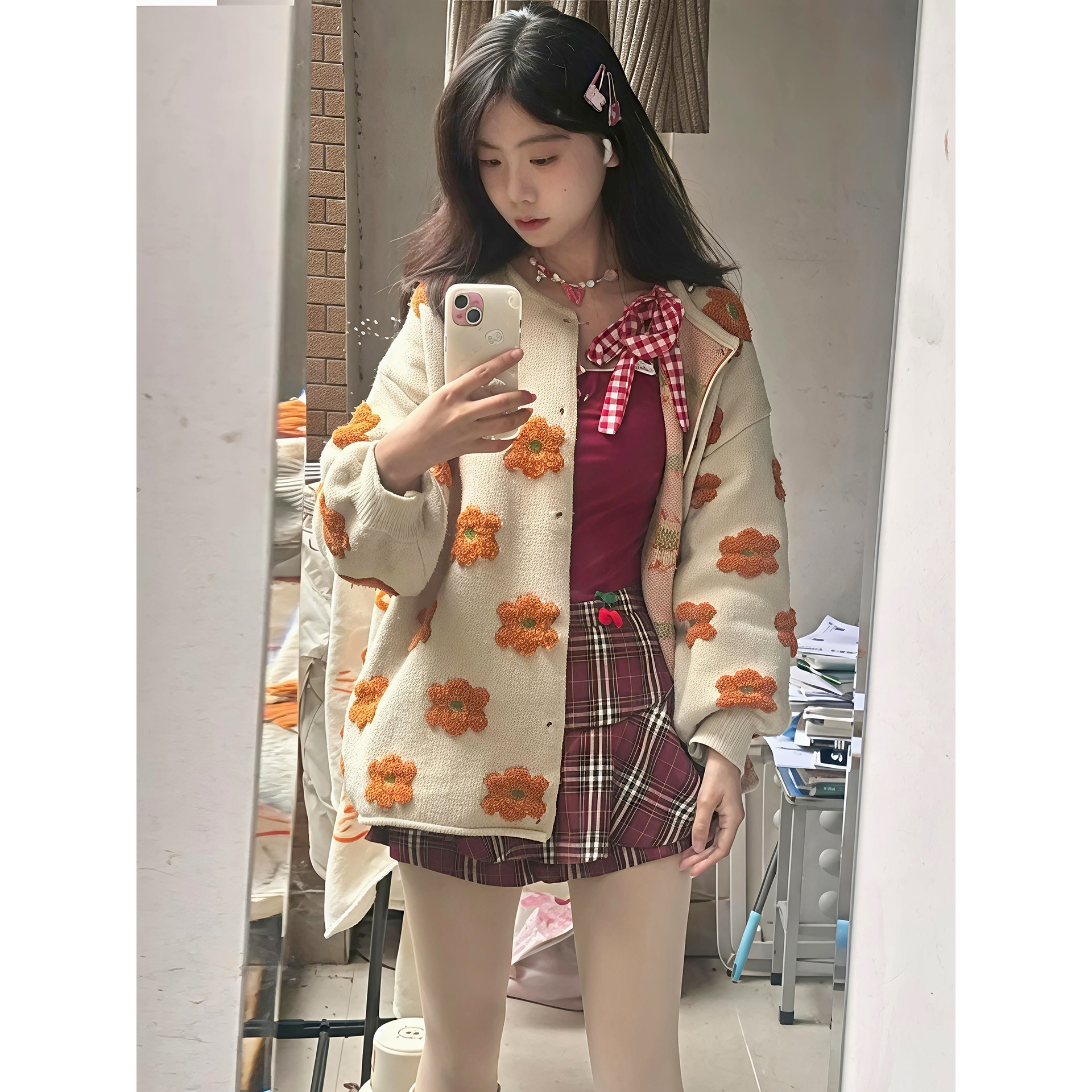 日系温柔风奶杏色单排扣毛衣