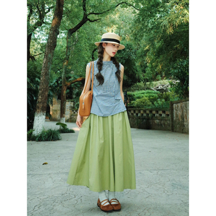 日系牛油果绿色工装风半身裙女夏小个子学生抹茶绿中长款a字伞裙