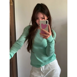 自制甜美日系湖绿色圆领毛针织衫女秋学生软糯修身长袖打底衫上衣