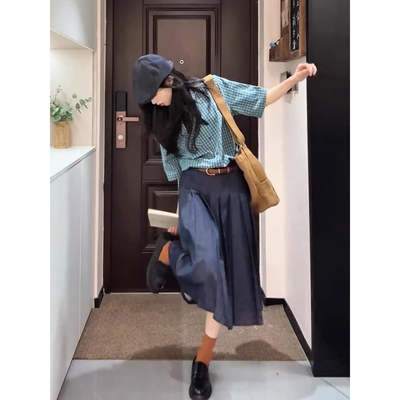 日系复古工装风牛仔百褶裙女