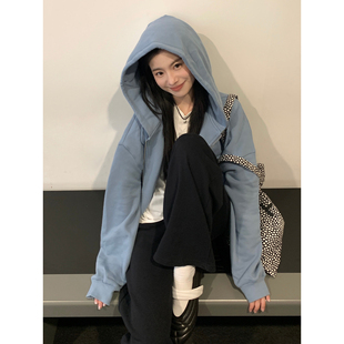 日系复古雾霾蓝长袖短款连帽卫衣女秋小个子学生宽松百搭开衫外套