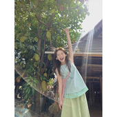 薄荷绿条纹无袖 女夏日双层拼接撞色可调节挂脖曼波风上衣 吊带衬衫