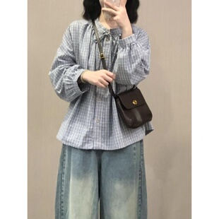 自制日系文艺复古蓝白格子系带衬衫女韩版学生宽松显瘦长袖娃娃衫