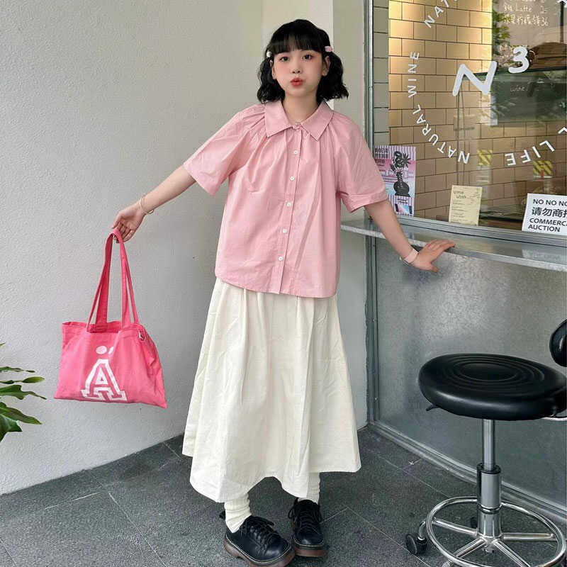 自制日系复古粉色Polo领短袖衬衫女夏小个子学生宽松休闲百搭衬衣