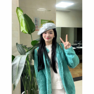 自制日系慵懒风湖绿色毛衣外套女学生软糯百搭显瘦单排扣针织开衫