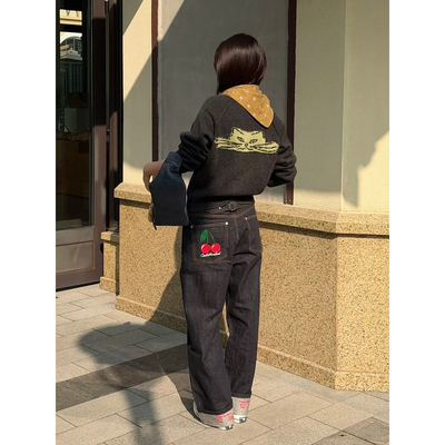 高级感碳黑色提花猫咪毛衣外套