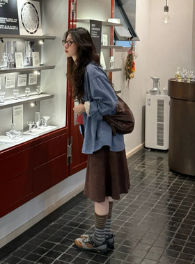 自制日系复古棕色拼接鹿皮绒半身裙女秋冬高级感学生高腰a字中裙