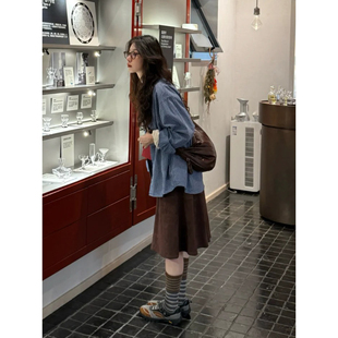 自制日系复古棕色拼接鹿皮绒半身裙女秋冬高级感学生高腰a字中裙