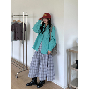 日系小清新湖绿色长袖衬衫女秋文艺风甜美小众Polo领宽松百搭衬衣