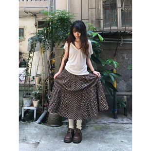 琥珀流光风甜美日系棕色波点半身裙秋学生文艺拼接中长款蛋糕裙子