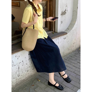自制日系文艺奶油黄短袖衬衫女夏甜美学院风小清新polo领休闲衬衣