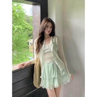 自制甜美日系仿亚麻长袖衬衫外搭女夏季微透薄荷绿薄款毛针织开衫