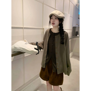 薄外套 百搭修身 日系复古棕色正肩针织开衫 女秋学院风复古简约长袖