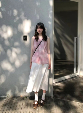 自制日系甜美温柔风白色中长款半身裙女夏学院风文艺高腰休闲伞裙
