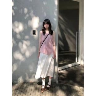 自制日系甜美温柔风白色中长款半身裙女夏学院风文艺高腰休闲伞裙
