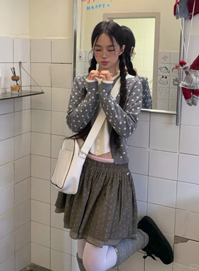 自制日系复古灰色波点毛衣外套女小个子文艺甜美学生假两件针织衫