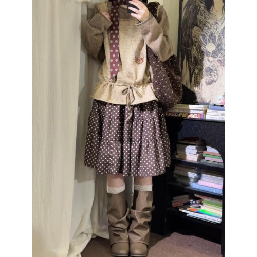 日系复古棕色波点拼接蛋糕裙女