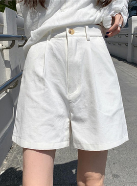 自制日系工装风白色直筒短裤女复古高腰宽松显瘦学生a字阔腿裤夏