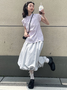 日系工装风浅灰色花苞裙女蓬蓬裙