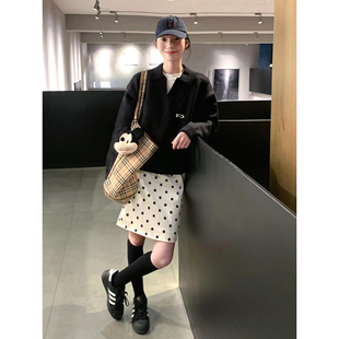 日系学院风白色波点系带半身中裙女春高级感简约百搭松紧高腰短裙