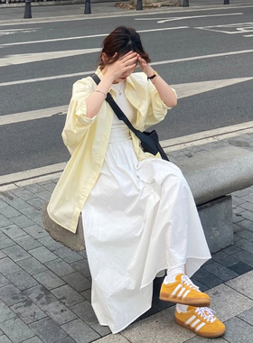 自制甜美日系奶油黄长袖衬衫女夏学生宽松设计感鹅黄色防晒衫衬衣