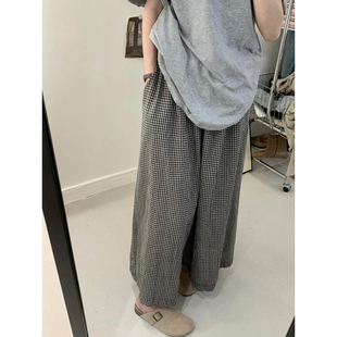 自制慵懒风黑白格子宽松显瘦阔腿裤女日系设计感高腰百搭九分裤裙