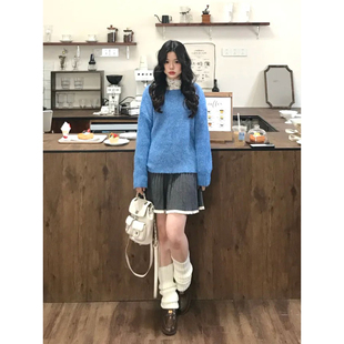 自制甜美日系软糯风蓝色毛衣外套女碎花打底高腰百褶短裙三件套装