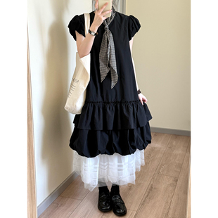 日系复古风黑色宽松蓬蓬花苞裙女夏季赫本风文艺设计感百搭连衣裙