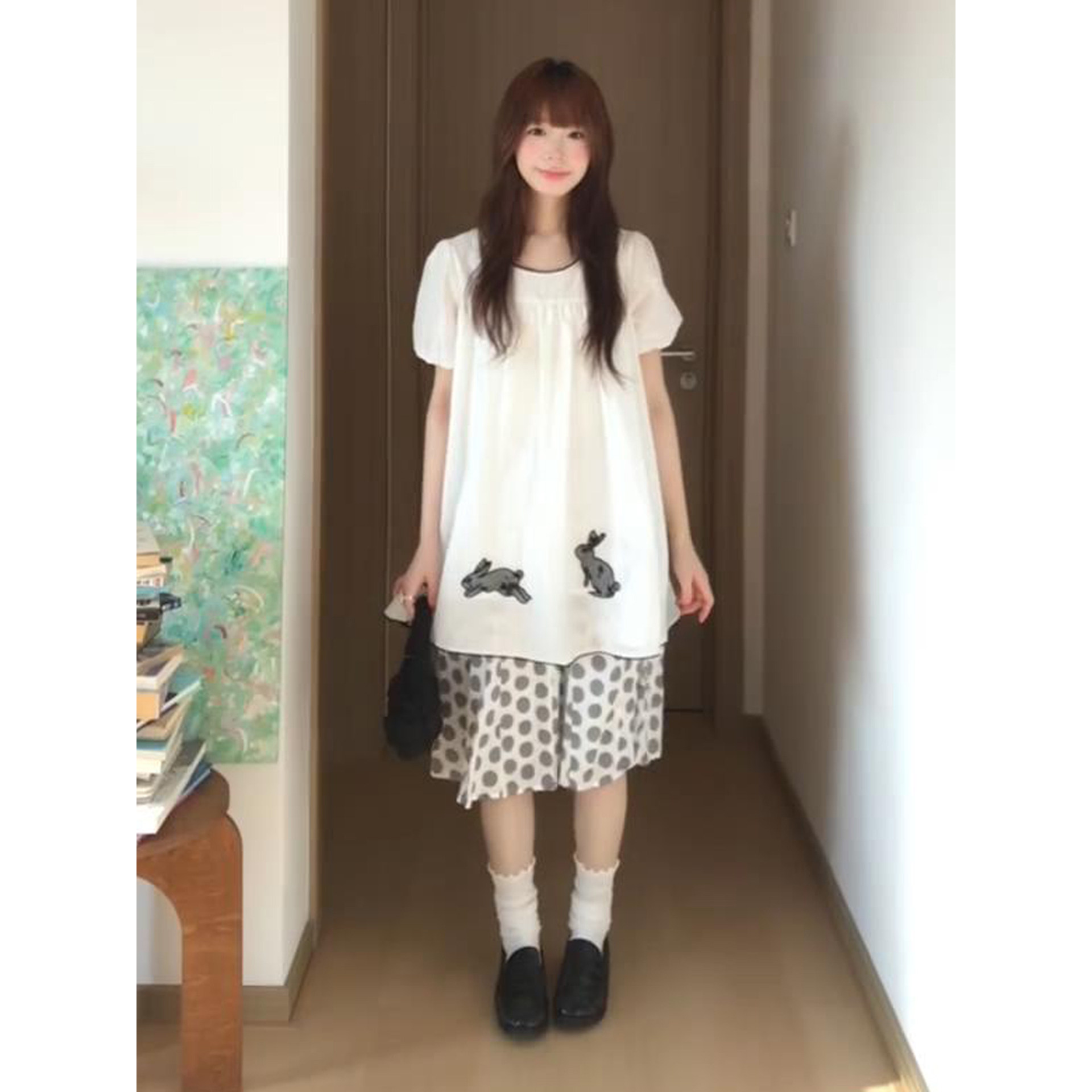 日系少女风兔子刺绣白色连衣裙夏甜美温柔风可爱泡泡袖圆领衬衫裙