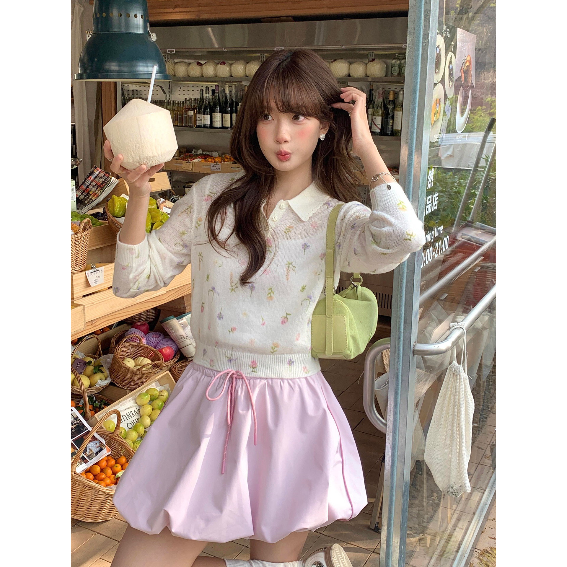 日系甜美学生奶油粉蓬蓬花苞裙女春季多巴胺显瘦系带高腰半身短裙