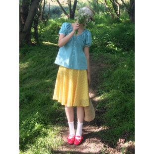 日系田园风奶油黄双层拼接波点裙女简约甜美显瘦高腰a字半身短裙