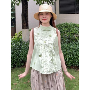 自制重工立体花朵苹果绿无袖衬衫夏甜美日系温柔可爱少女背心上衣