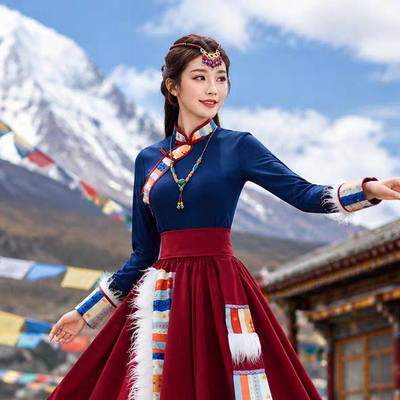 藏族舞蹈演出服次仁拉索女少数民族藏袍表演服饰套装风舞台表演服