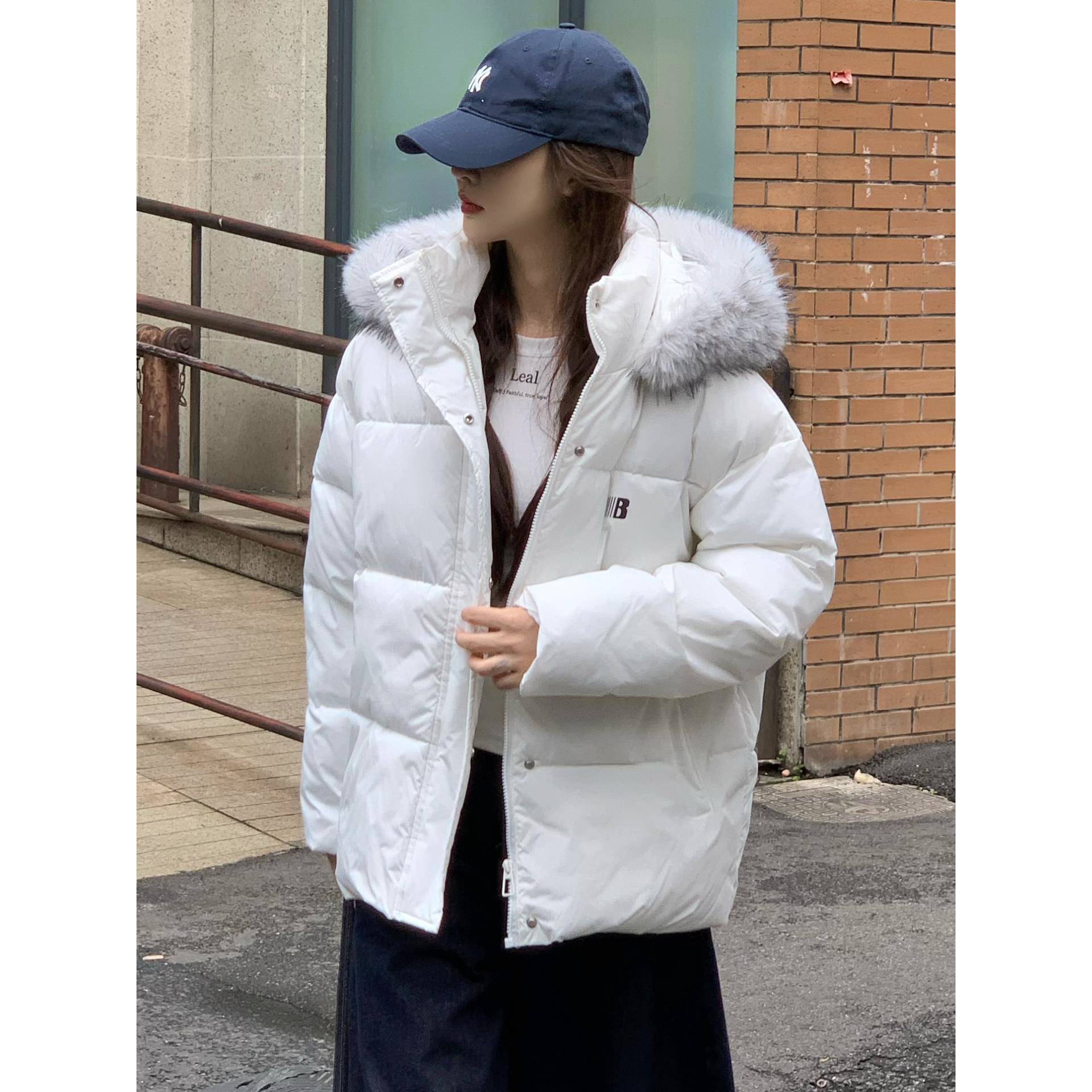 大毛领B标羽绒棉衣棉服女2025新款冬季宽松百搭加厚棉袄情侣外套