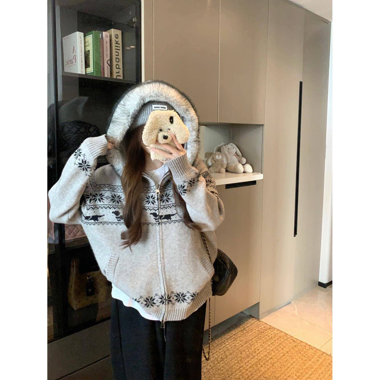 美式覆古费尔岛提花连帽长袖毛衣外套女秋冬宽松针织衫双拉炼上衣