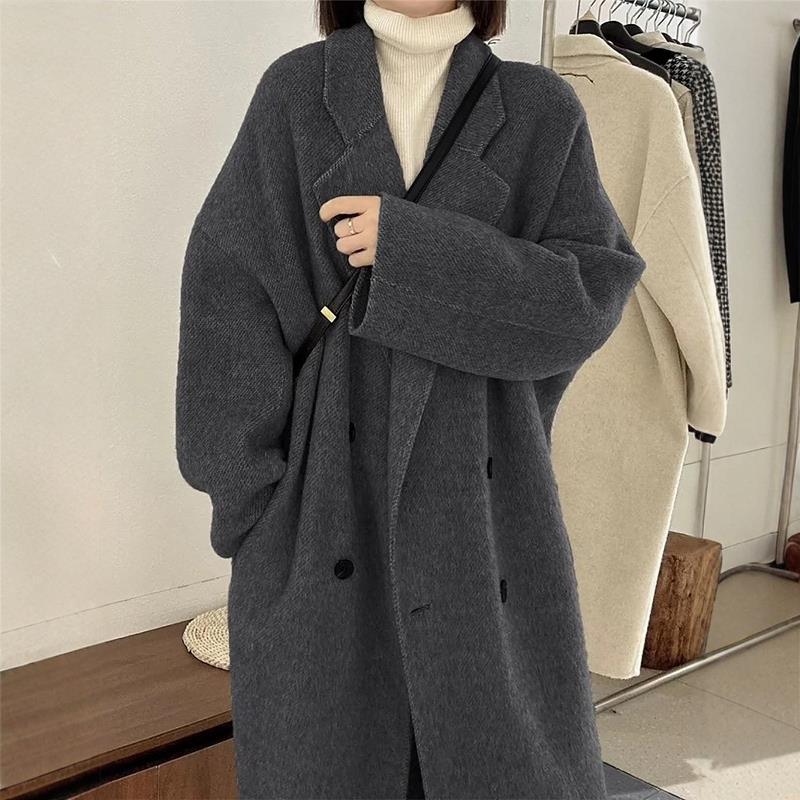 高级感黑灰色呢子大衣女2024冬装新款加厚宽松羽绒内里羊毛呢外套