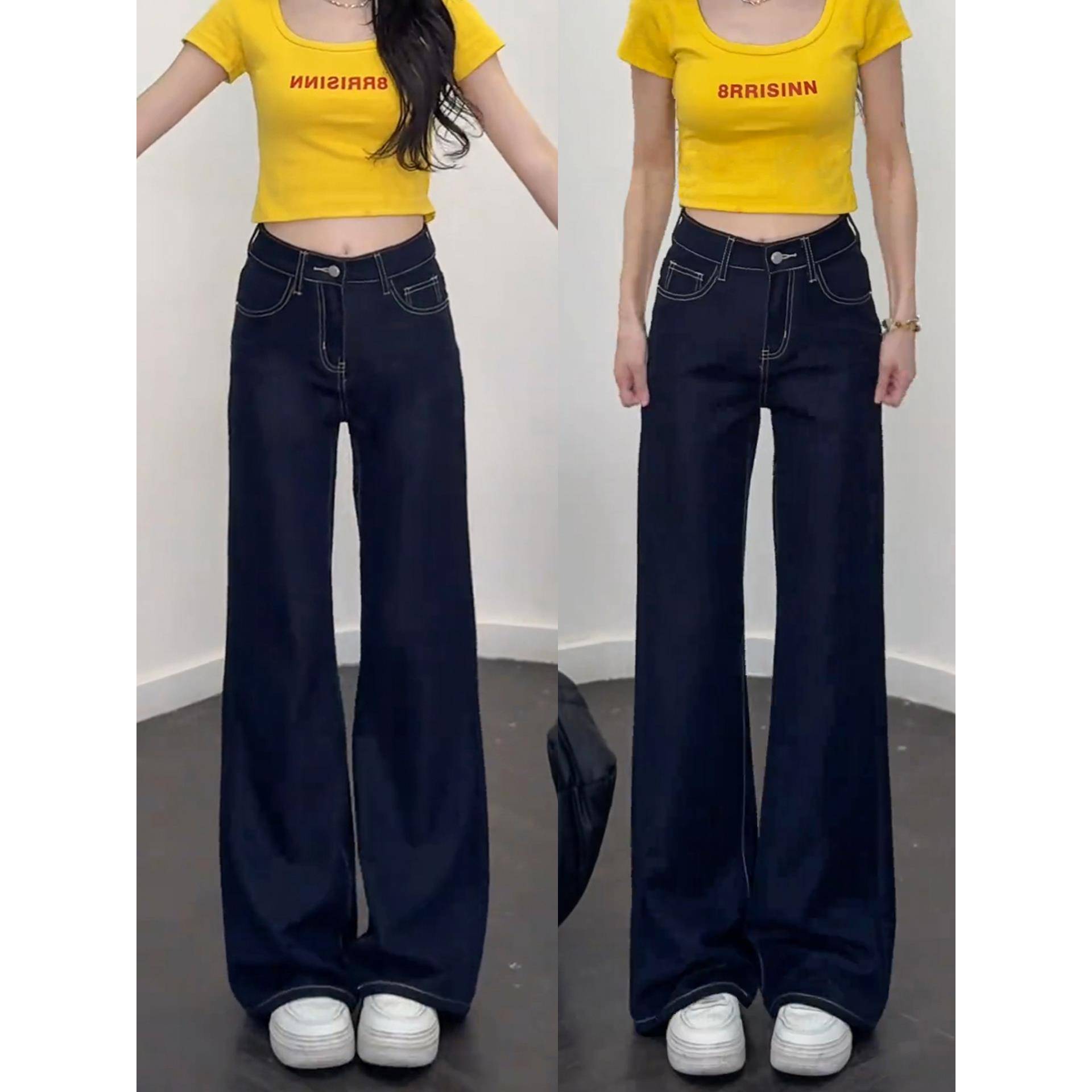 美式深蓝色不贴腿微喇牛仔裤女2025新款显瘦百搭垂感阔腿喇叭裤子