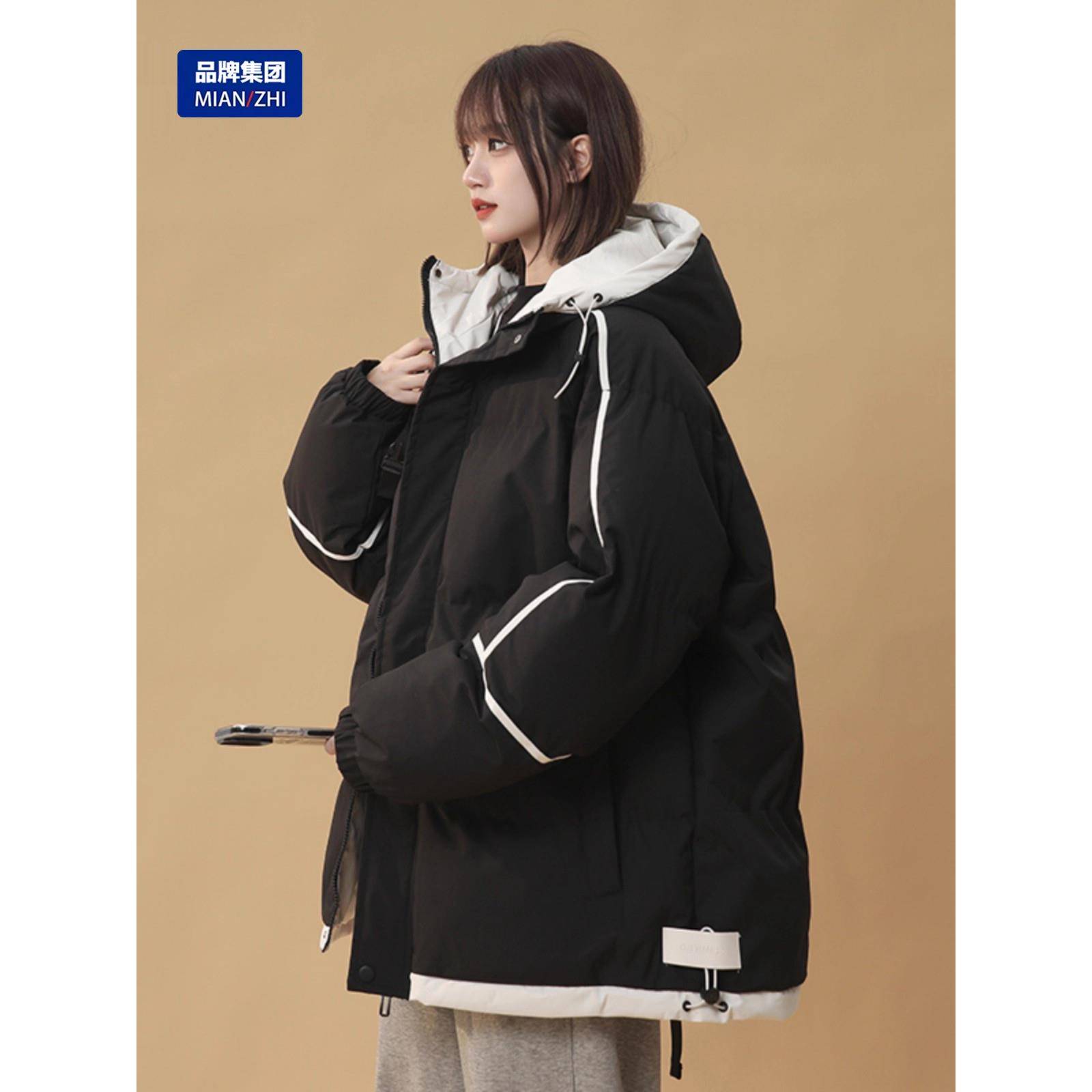 品牌集团冬装新款大码连帽黑色棉衣女宽松加厚棉袄羽绒棉服外套潮