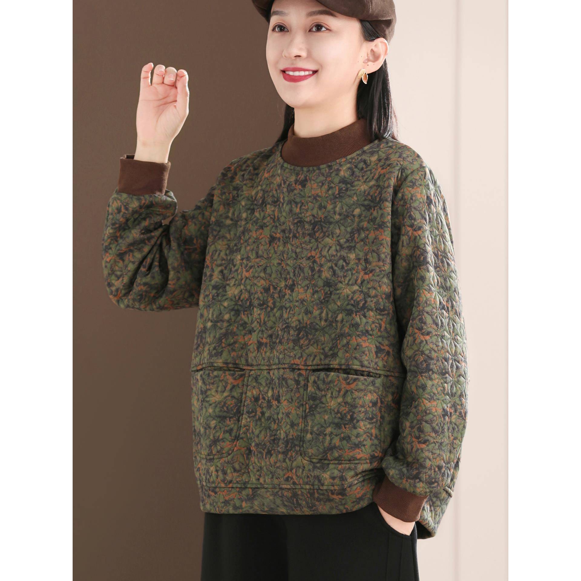 孔雀飞飞冬装韩版大码遮肉印花套头覆古女士卫衣女款2025新款加绒