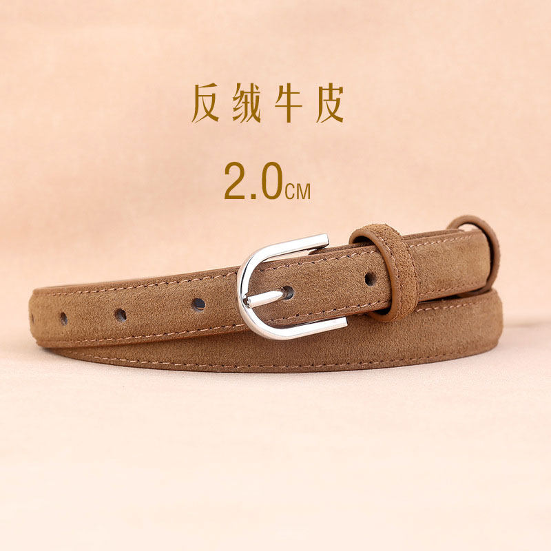 反绒牛皮腰带女士真皮裤带复古休闲磨砂皮针扣皮带宽2CM2026新款 - 实物图