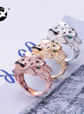 新品亚金豹头戒指镶锆石个性眼睛点缀绿色跨境热款戒指手饰