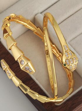 欧美跨境饰品时尚夸张蛇形开口手镯新款简约气质铜镶锆石保色手环