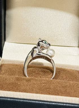 S925纯银 白金绿眼睛光面豹子珍珠戒指轻奢高级感精致