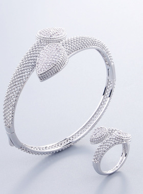 欧美风创意镂空网状叶子手镯戒指套装时尚开口女气质手饰新品