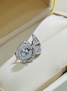 S925纯银 玫瑰金戒指叶子山茶花高级感镶嵌满钻奢华贵气baby同款