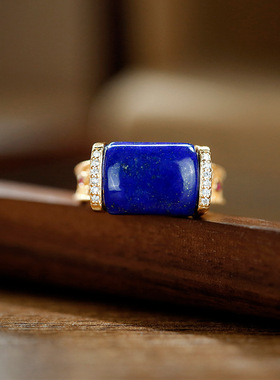 S925银镀金镶嵌天然青金石马鞍戒祥云仿古纹开口调节女戒指