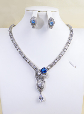 欧美奢华大气蛇形项链耳环套装气质明星同款高级满锆石礼服饰品